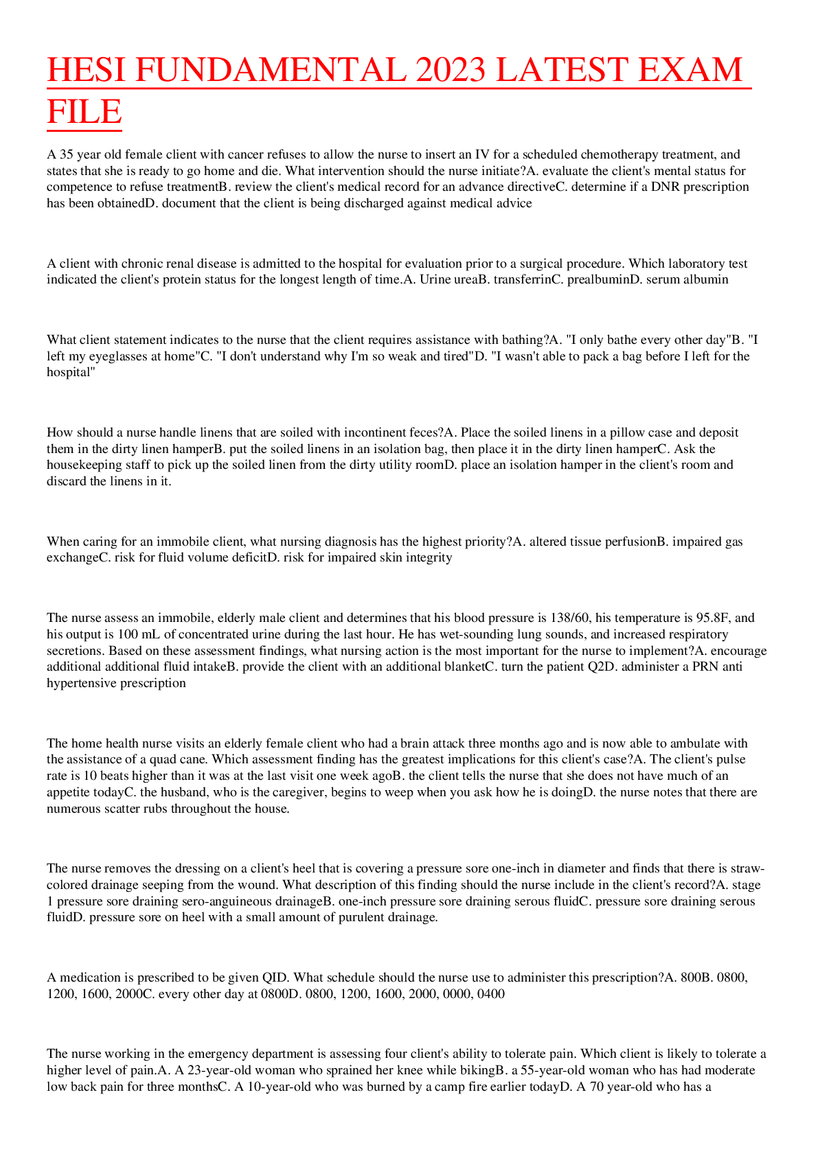 Preview image for HESI FUNDAMENTAL 2023 LATEST EXAM FILE